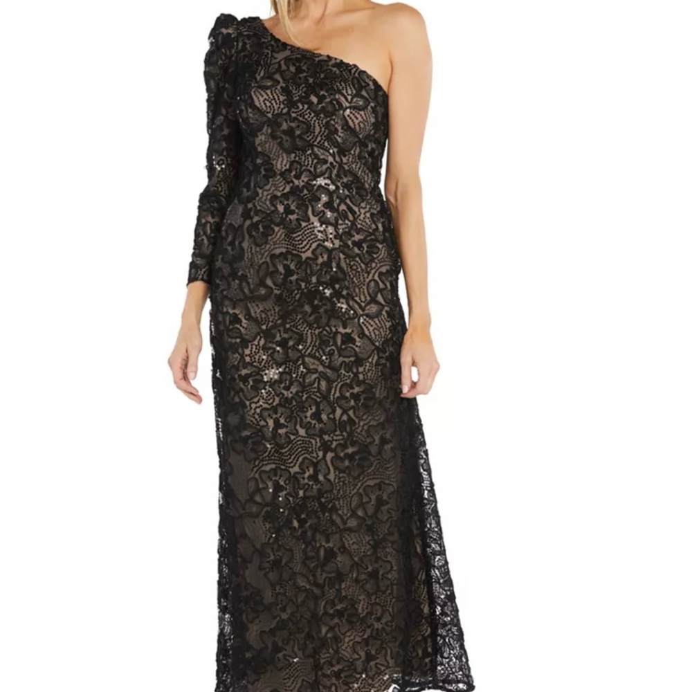 R&M Richard's Black One-Shoulder Long Lace Dress